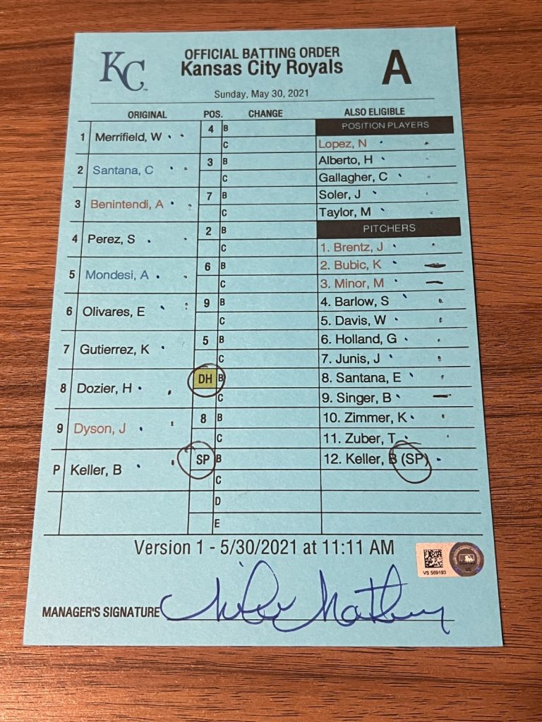 2021 GAME USED KANSAS CITY ROYALS BASEBALL UMPIRE LINE UP CARD 5/30