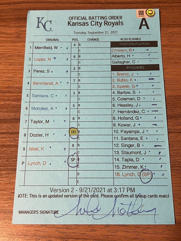2021 GAME USED KANSAS CITY ROYALS BASEBALL UMPIRE LINE UP CARD 9/21