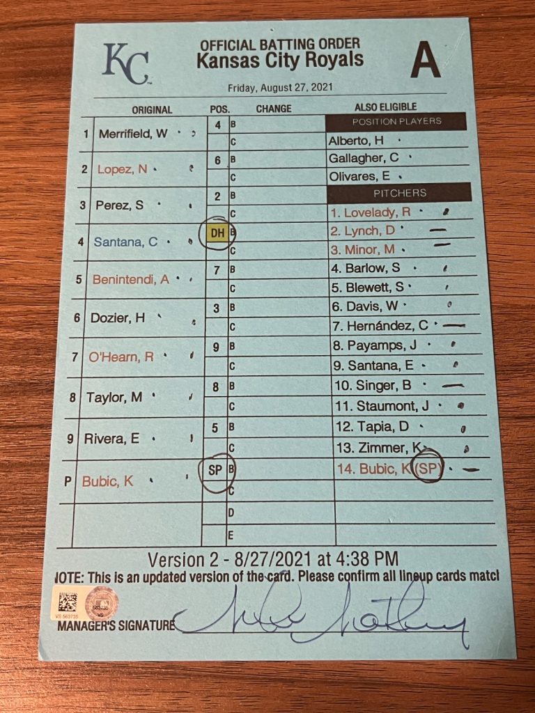 2021 GAME USED KANSAS CITY ROYALS BASEBALL UMPIRE LINE UP CARD 8/27 SALVY HR GS