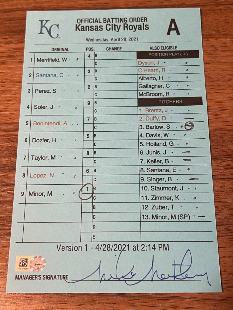 2021 GAME USED KANSAS CITY ROYALS BASEBALL UMPIRE LINE UP CARD 4/28 PEREZ 3 HITS