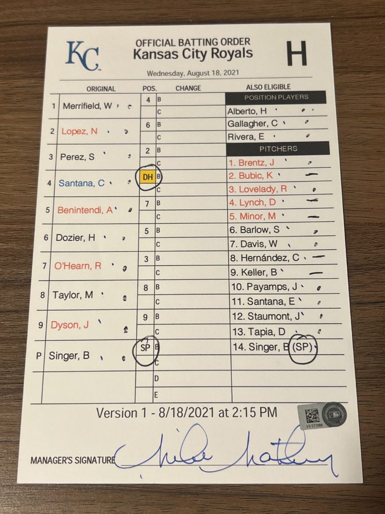 2021 GAME USED KANSAS CITY ROYALS BASEBALL UMPIRE LINE UP CARD 8/18 SINGER