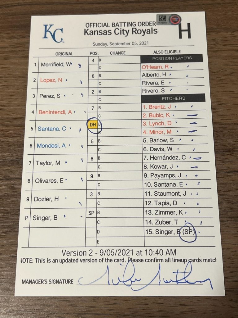 2021 GAME USED KANSAS CITY ROYALS BASEBALL UMPIRE LINE UP CARD 9/5 SALVY HR