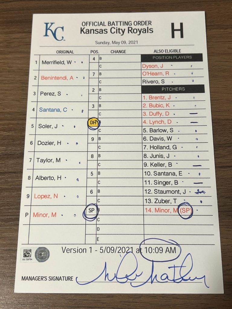 2021 GAME USED KANSAS CITY ROYALS BASEBALL UMPIRE LINE UP CARD 5/9