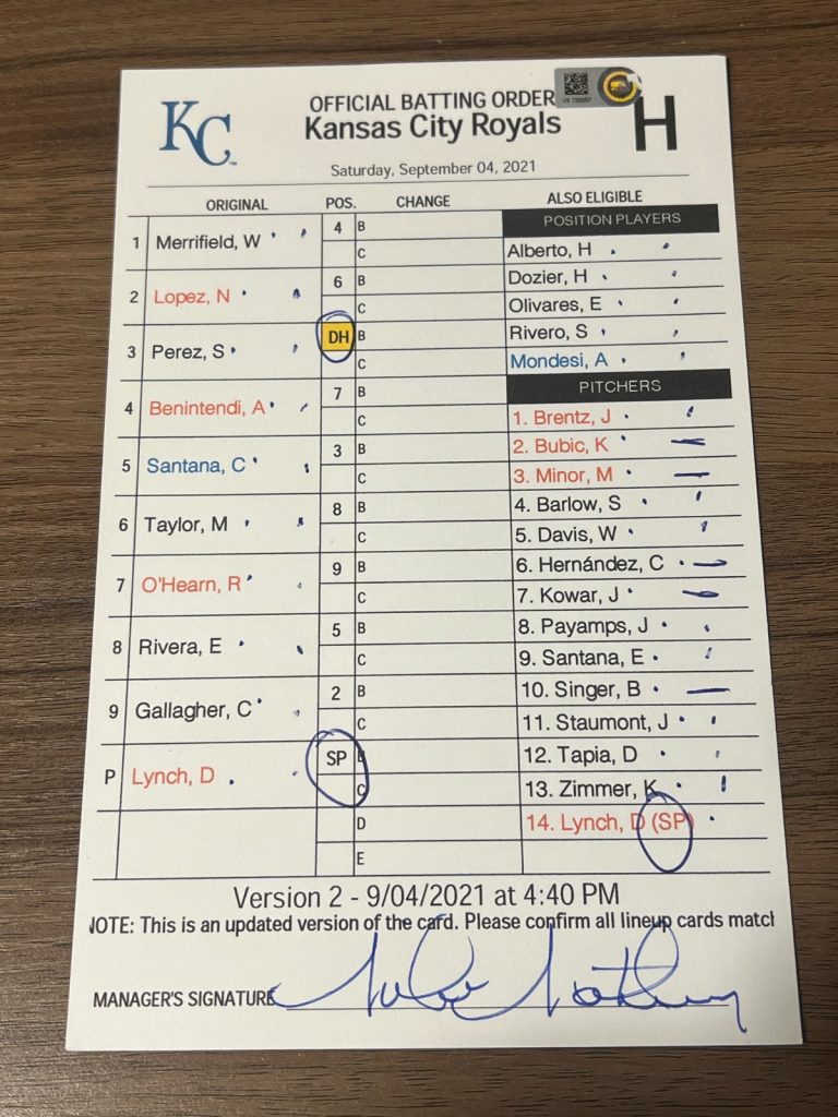2021 GAME USED KANSAS CITY ROYALS BASEBALL UMPIRE LINE UP CARD 9/4 PEREZ 40 HR