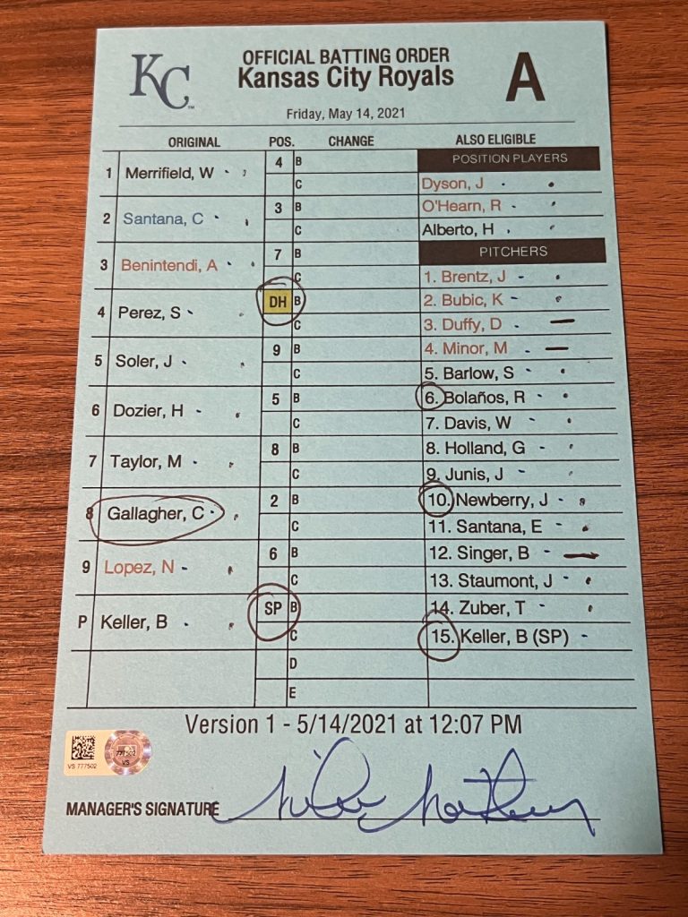 2021 GAME USED KANSAS CITY ROYALS BASEBALL UMPIRE LINE UP CARD 5/14