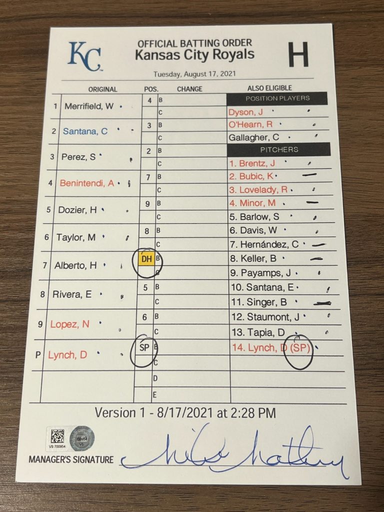 2021 GAME USED KANSAS CITY ROYALS BASEBALL UMPIRE LINE UP CARD 8/17