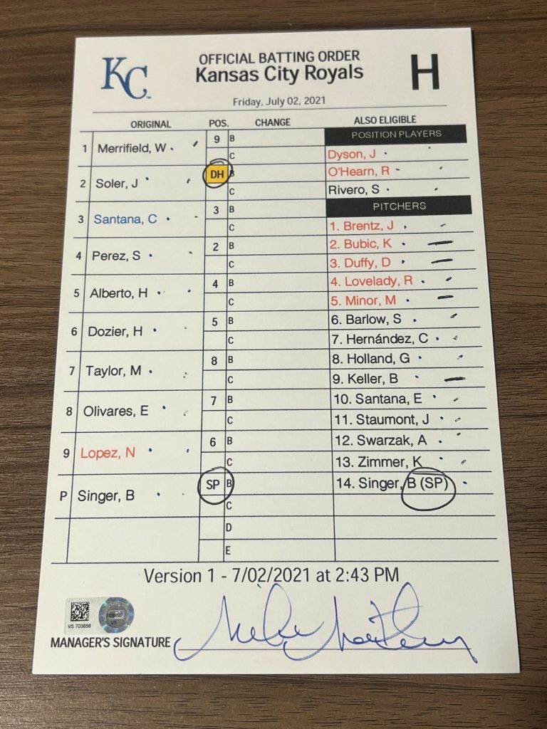 2021 GAME USED KANSAS CITY ROYALS BASEBALL UMPIRE LINE UP CARD 7/2 SALVY HR