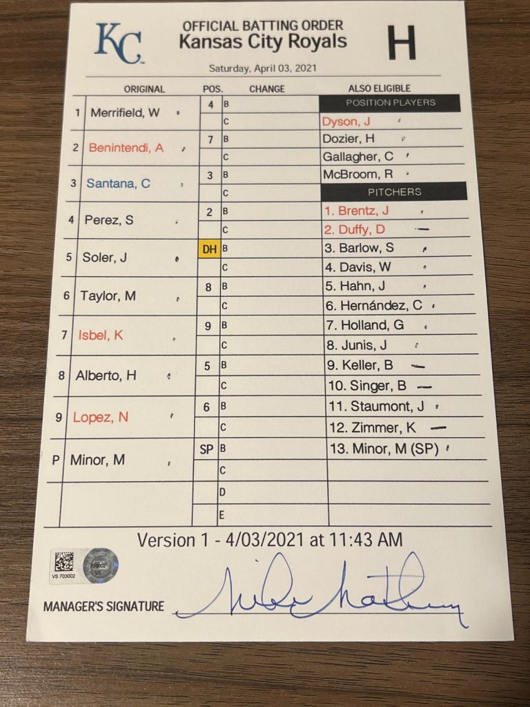 2021 GAME USED KANSAS CITY ROYALS BASEBALL UMPIRE LINE UP CARD 4/3