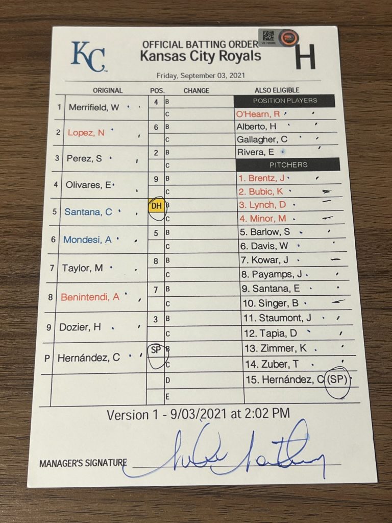 2021 GAME USED KANSAS CITY ROYALS BASEBALL UMPIRE LINE UP CARD 9/3