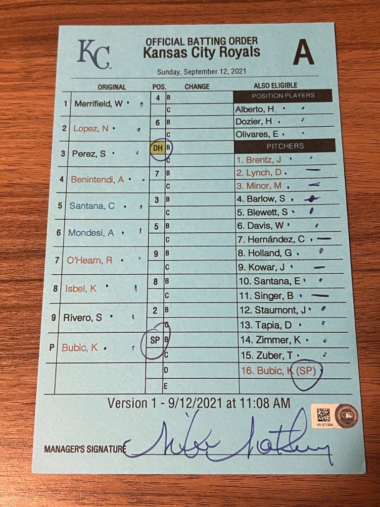 2021 GAME USED KANSAS CITY ROYALS BASEBALL UMPIRE LINE UP CARD 9/12