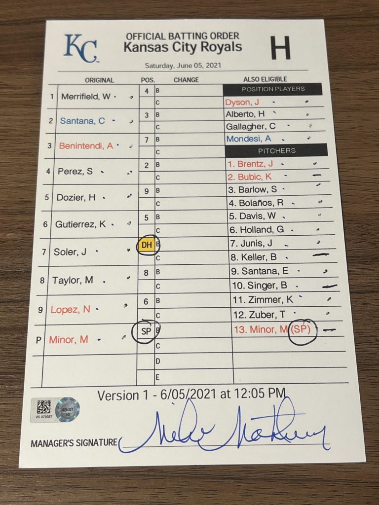 2021 GAME USED KANSAS CITY ROYALS BASEBALL UMPIRE LINE UP CARD 6/5
