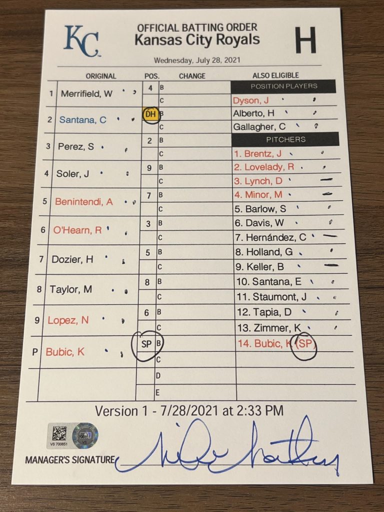 2021 GAME USED KANSAS CITY ROYALS BASEBALL UMPIRE LINE UP CARD 7/28 BUBIC