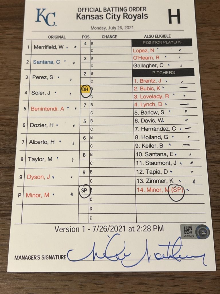2021 GAME USED KANSAS CITY ROYALS BASEBALL UMPIRE LINE UP CARD 7/26 SOLER 2 HR