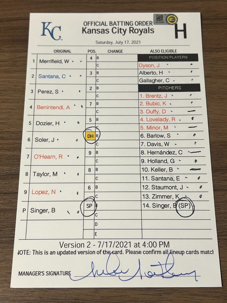 2021 GAME USED KANSAS CITY ROYALS BASEBALL UMPIRE LINE UP CARD 7/17