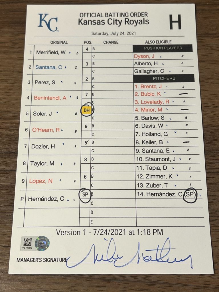 2021 GAME USED KANSAS CITY ROYALS BASEBALL UMPIRE LINE UP CARD 7/24 PEREZ HR