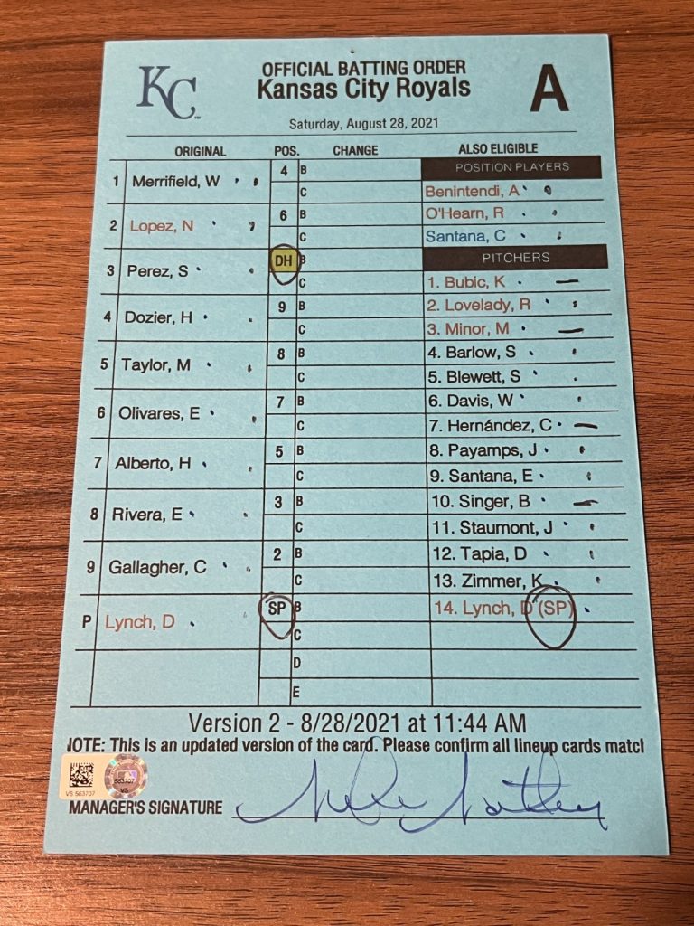 2021 GAME USED KANSAS CITY ROYALS BASEBALL UMPIRE LINE UP CARD 8/28 SALVY HR