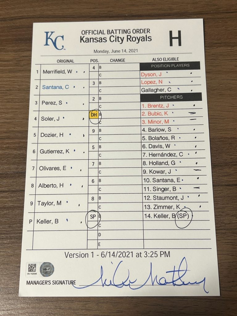 2021 GAME USED KANSAS CITY ROYALS BASEBALL UMPIRE LINE UP CARD 6/14