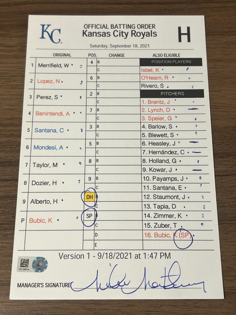 2021 GAME USED KANSAS CITY ROYALS BASEBALL UMPIRE LINE UP CARD 9/18 KRIS BUBIC
