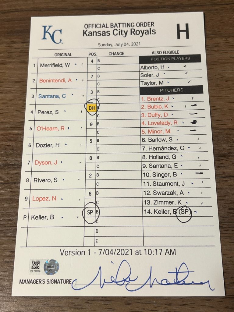 2021 GAME USED KANSAS CITY ROYALS BASEBALL UMPIRE LINE UP CARD 7/4