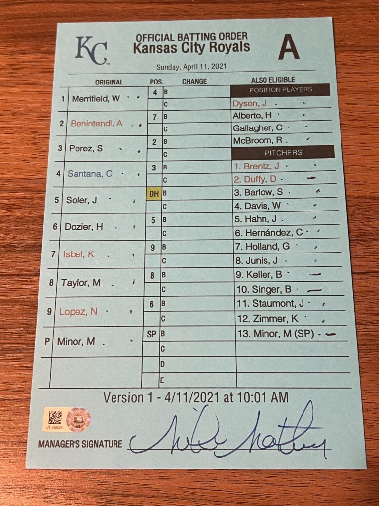 2021 GAME USED KANSAS CITY ROYALS BASEBALL UMPIRE LINE UP CARD 4/11