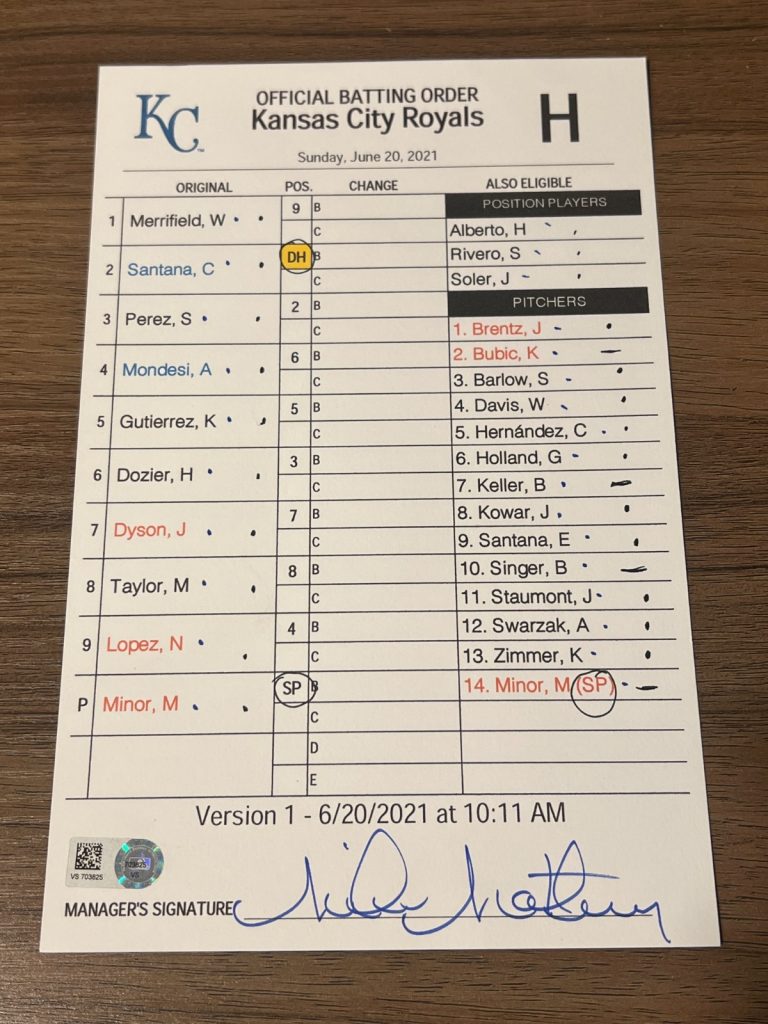 2021 GAME USED KANSAS CITY ROYALS BASEBALL UMPIRE LINE UP CARD 6/20