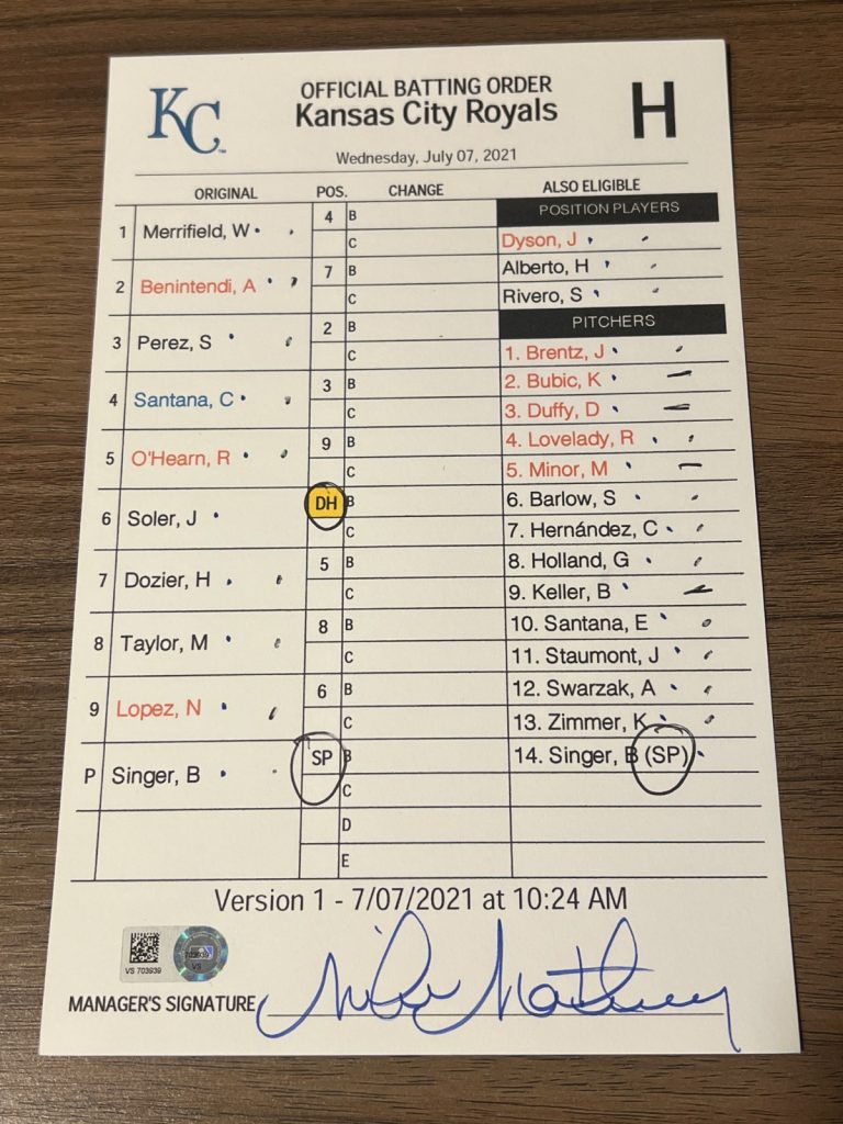 2021 GAME USED KANSAS CITY ROYALS BASEBALL UMPIRE LINE UP CARD 7/7