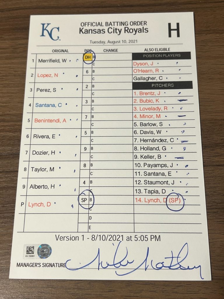 2021 GAME USED KANSAS CITY ROYALS BASEBALL UMPIRE LINE UP CARD 8/10 SALVY 2 HR