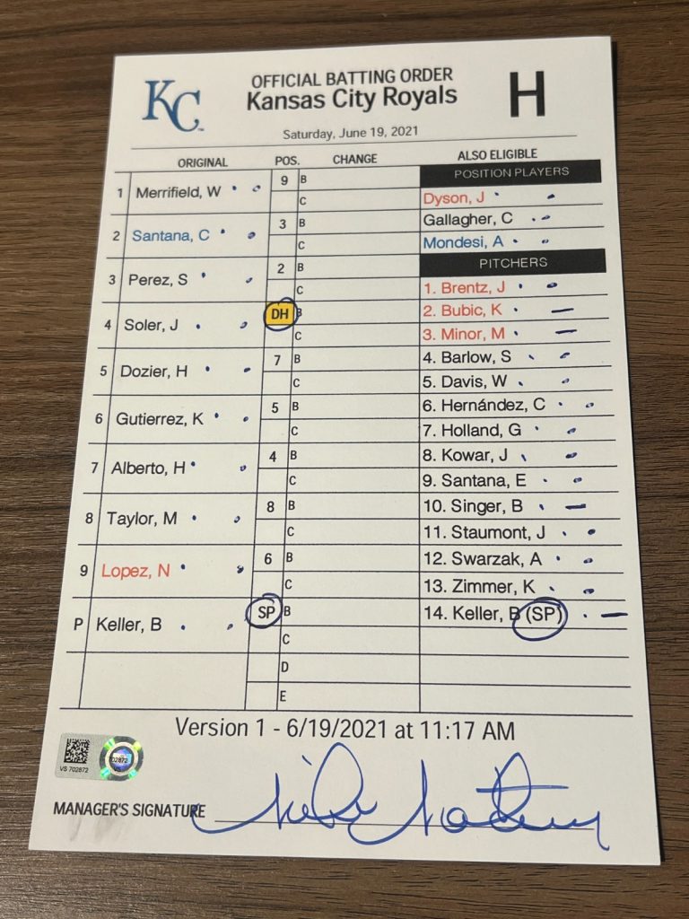 2021 GAME USED KANSAS CITY ROYALS BASEBALL UMPIRE LINE UP CARD 6/19