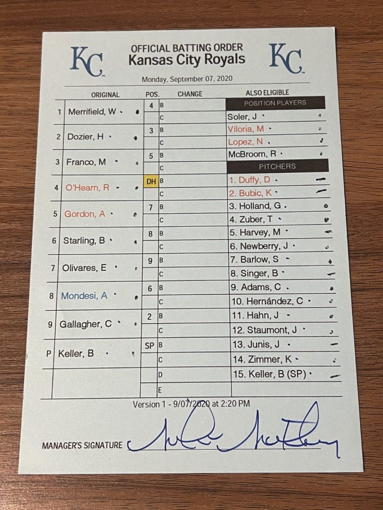 2020 GAME USED KANSAS CITY ROYALS BASEBALL UMPIRE LINE UP CARD 9/7