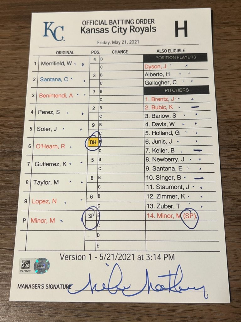 2021 GAME USED KANSAS CITY ROYALS BASEBALL UMPIRE LINE UP CARD 5/21