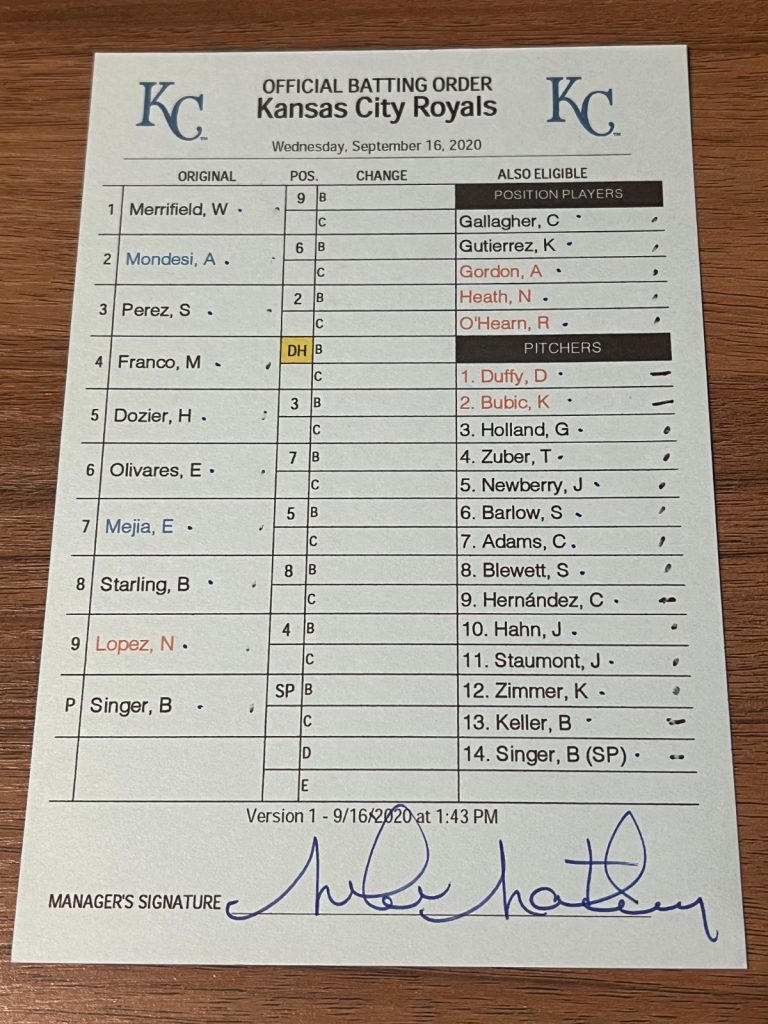 2020 GAME USED KANSAS CITY ROYALS BASEBALL UMPIRE LINE UP CARD 9/16 SINGER