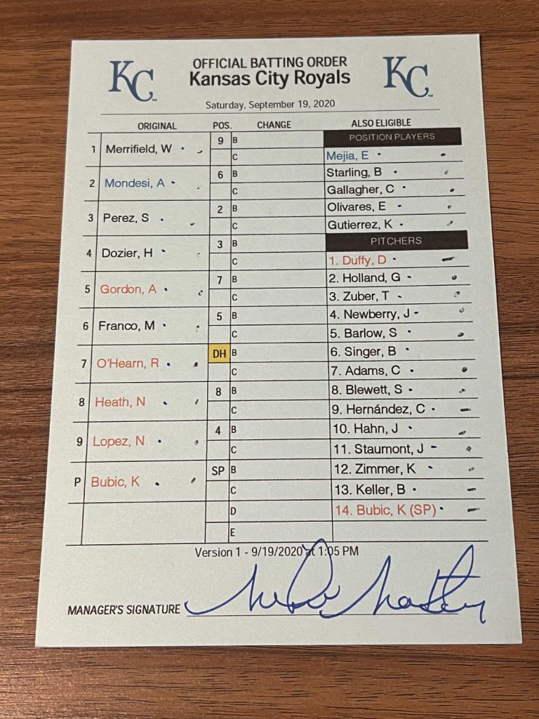 2020 GAME USED KANSAS CITY ROYALS BASEBALL UMPIRE LINE UP CARD 9/19