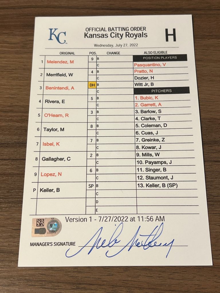 GAME USED KANSAS CITY ROYALS BASEBALL UMPIRE LINE UP CARD 7/27 2022 BRAD KELLER