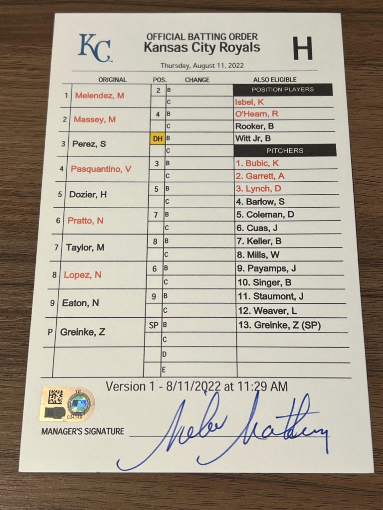 GAME USED ROYALS BASEBALL UMPIRE LINE UP CARD 8/11 2022 BOBBY WITT JR HIT ROOKIE