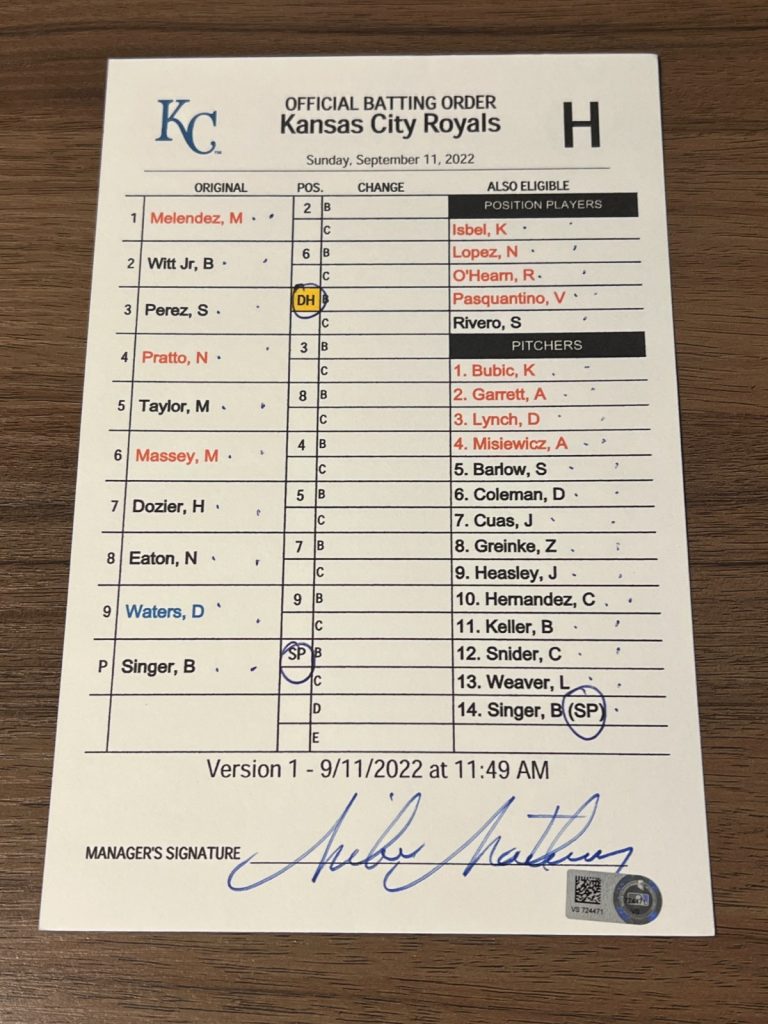 GAME USED ROYALS BASEBALL UMPIRE LINE UP CARD 9/11 2022 BOBBY WITT JR 2 HITS