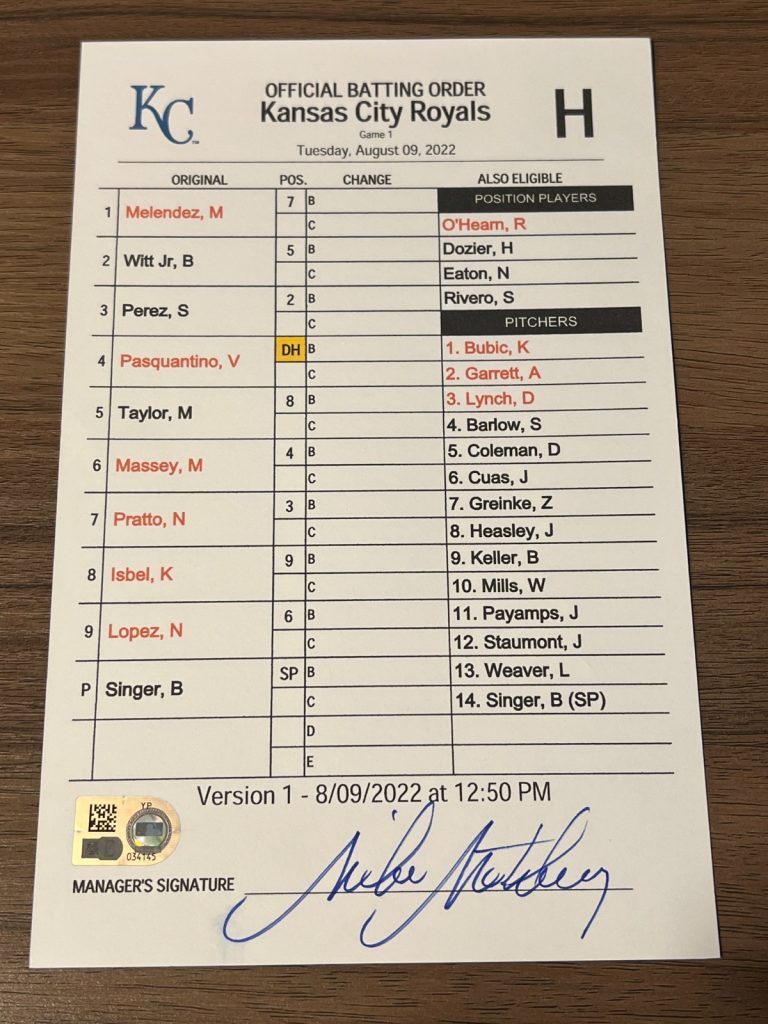 GAME USED ROYALS BASEBALL UMPIRE LINE UP CARD 8/9 GM 1 2022 BOBBY WITT JR ROOKIE