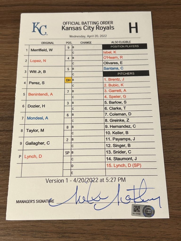 GAME USED KANSAS CITY ROYALS BASEBALL UMPIRE CARD 4/20 2022 BOBBY WITT JR ROOKIE