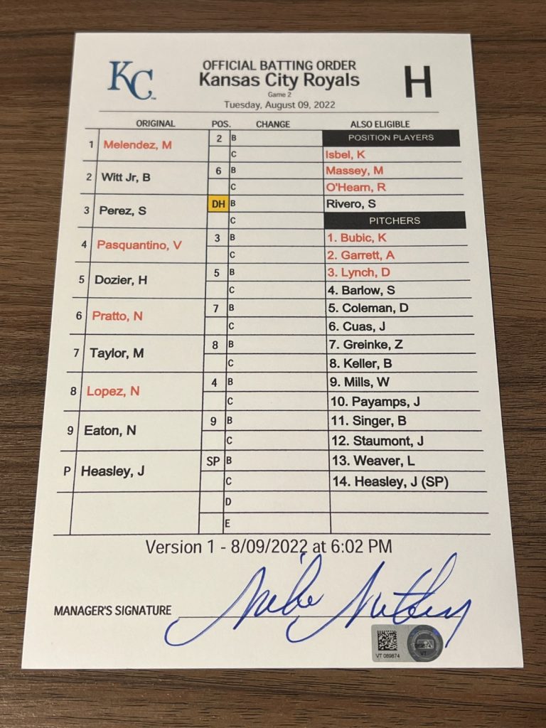 GAME USED ROYALS BASEBALL UMPIRE LINE UP CARD 8/9 GM 2 2022 BOBBY WITT JR ROOKIE