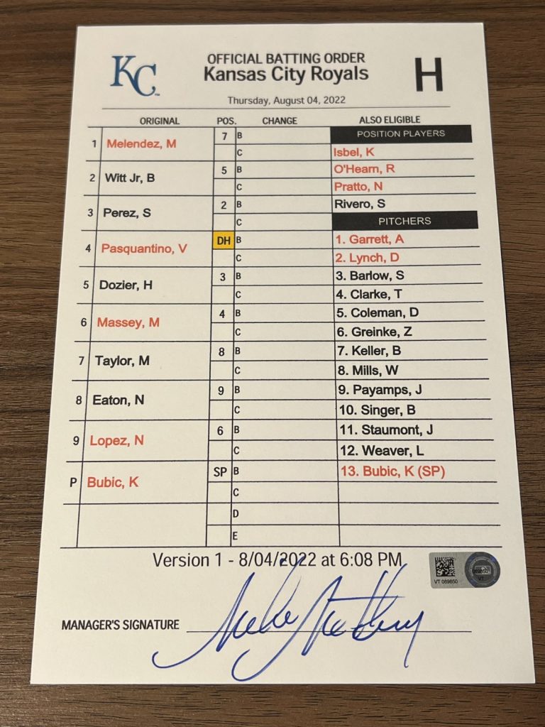GAME USED ROYALS BASEBALL UMPIRE LINE UP CARD 8/4 2022 BOBBY WITT JR 2 HITS