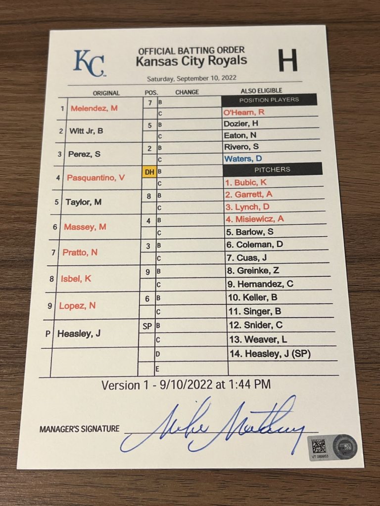 GAME USED ROYALS BASEBALL UMPIRE LINE UP CARD 9/10 2022 BOBBY WITT JR HIT ROOKIE