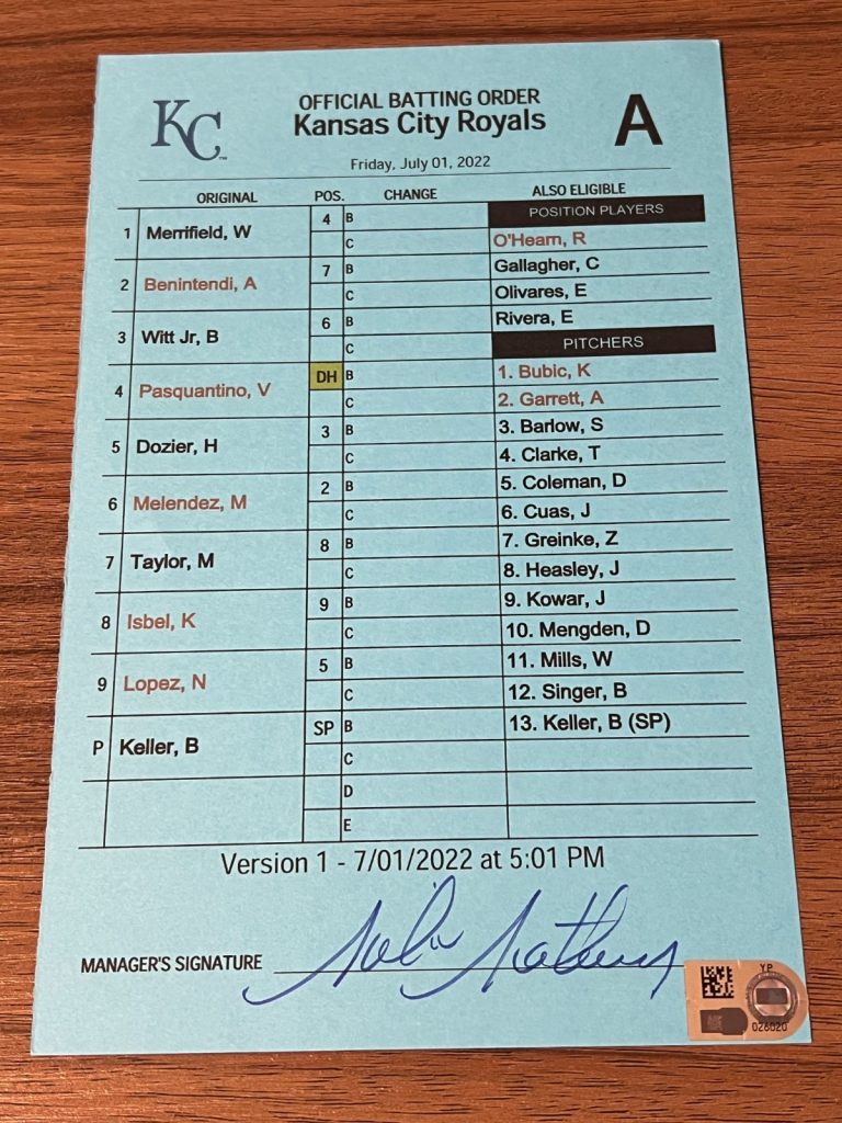 GAME USED ROYALS BASEBALL UMPIRE LINE UP CARD VINNIE PASQUANTINO 1st HIT / HR