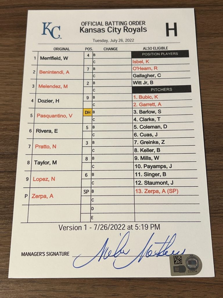 GAME USED KANSAS CITY ROYALS BASEBALL UMPIRE LINE UP CARD 7/26 2022