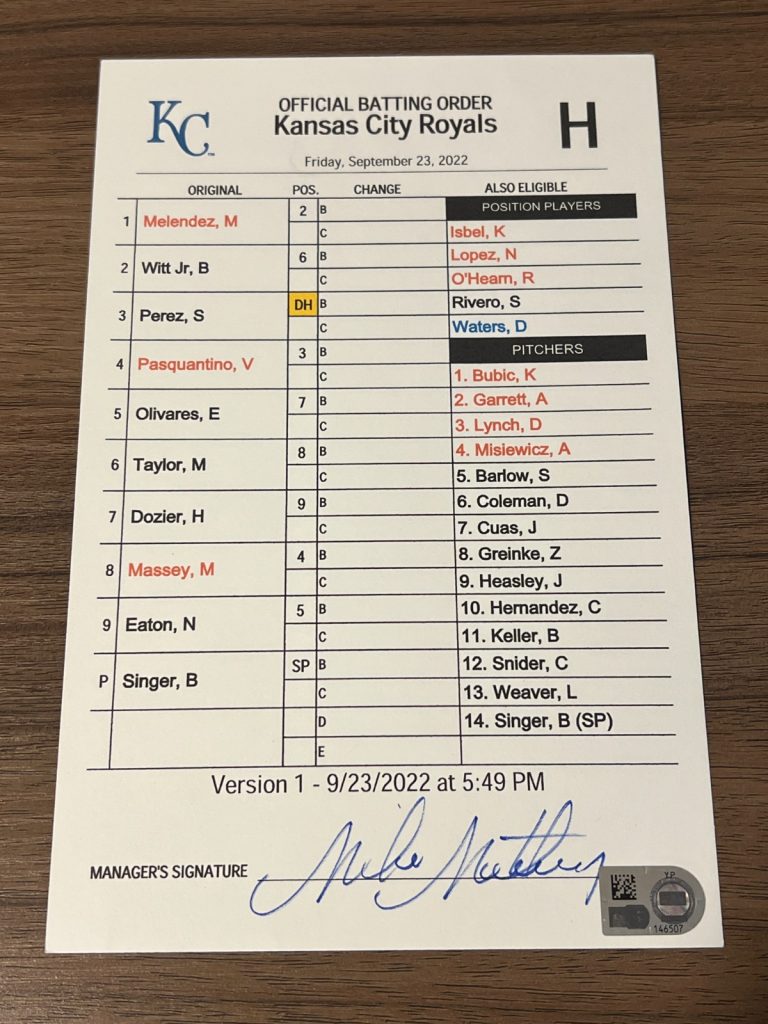 GAME USED ROYALS BASEBALL UMPIRE LINE UP CARD 9/23 2022 BOBBY WITT JR HIT ROOKIE