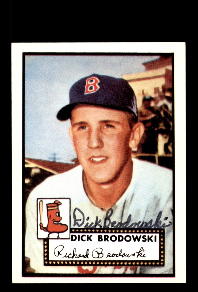 Signed Baseball Card Auto Dick Brodowski 1983 Topps 1952 Reprint #404 Red Sox