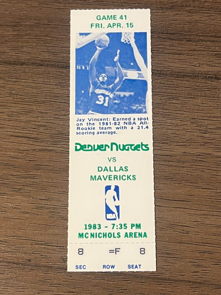 VTG Basketball Ticket Stub NBA Denver Nuggets v. Dallas Mavericks 4/15 1983