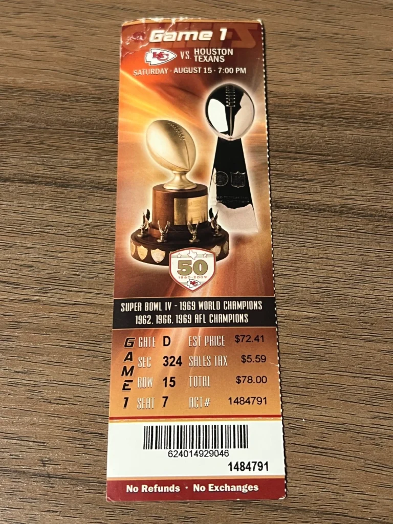 FOOTBALL TICKET STUB ARROWHEAD KANSAS CITY CHIEFS HOUSTON TEXANS 8/15 2009