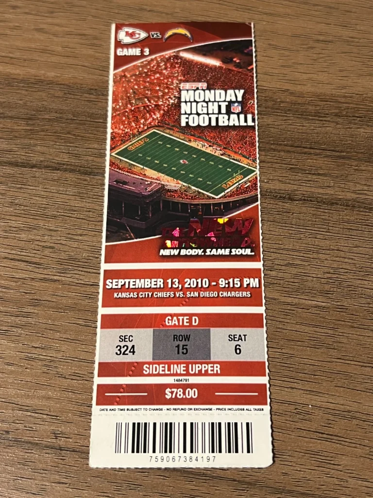 FOOTBALL TICKET STUB ARROWHEAD KANSAS CITY CHIEFS SAN DIEGO CHARGERS 9/13 2010