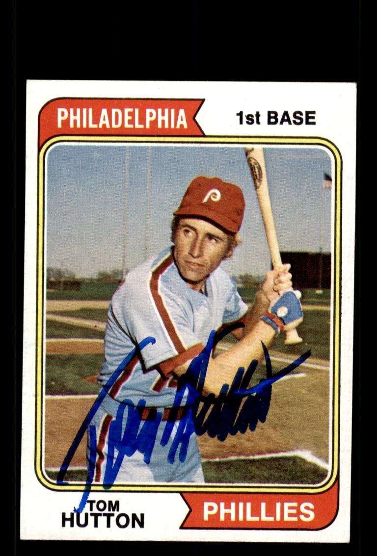 Signed Baseball Card Auto Tom Hutton 1974 Topps #443 Philadelphia Phillies