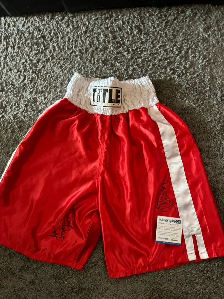 BOXER JAMES TONEY & RAY MERCER SIGNED AUTOGRAPHED BOXING TRUNKS SHORTS ACOA CERT