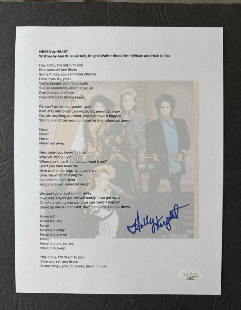 HOLLY KNIGHT Signed NEVER Lyric Sheet JSA COA Songwriter Autograph Heart